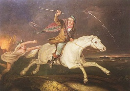 Tam O’Shanter, Gemälde von John Joseph Barker. Die typische Mütze  mit der Bommel, die Tam auf dem Bild trägt, heißt in Schottland ein „Tam  O’Shanter“